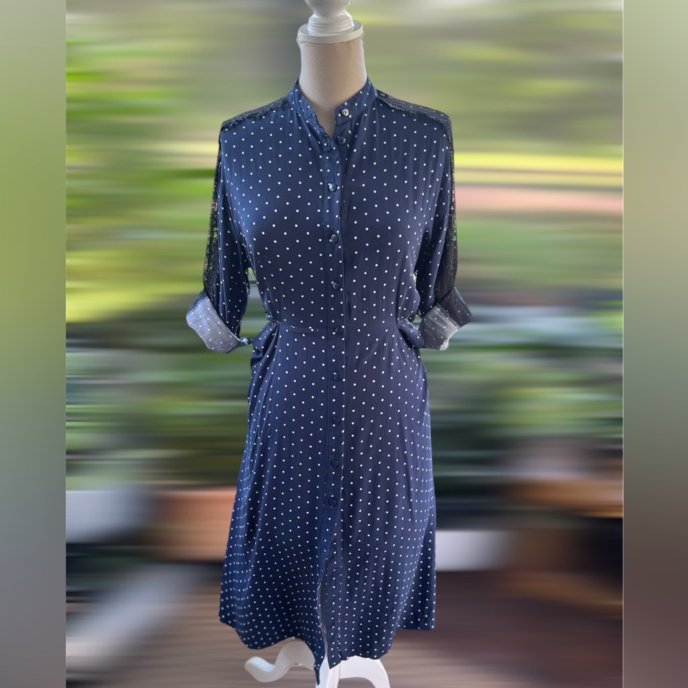 Zara Basic Polka Dot with Lace Midi Dress Navy Blue Tie Belt‎ Medium EUC